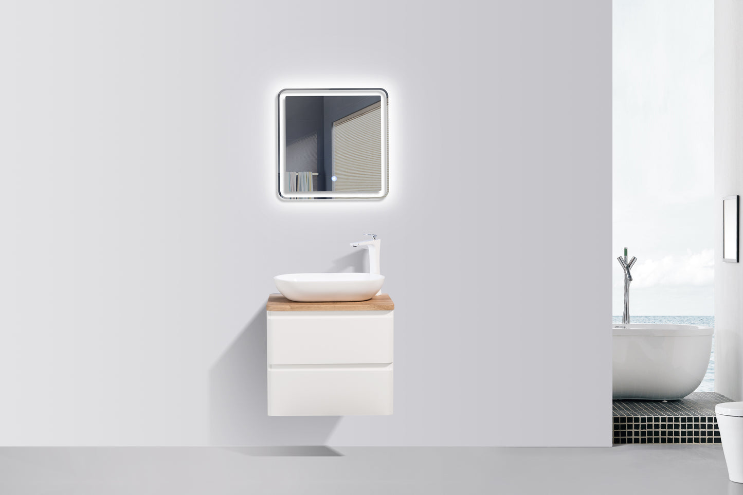 Clear Cube Lazio 600 with Single Drawer Gloss White with White Oak Top - Includes Florence Basin White