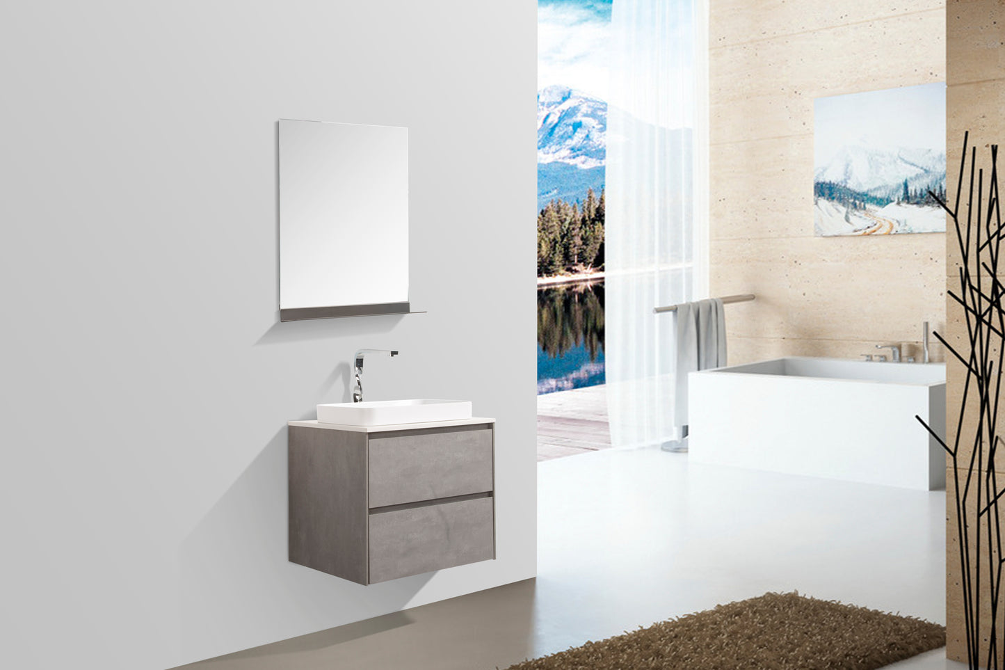 Clear Cube Madrid 600 with Double Drawer Concrete Grey with Quartz Stone Top - Includes Madrid Basin White Composite