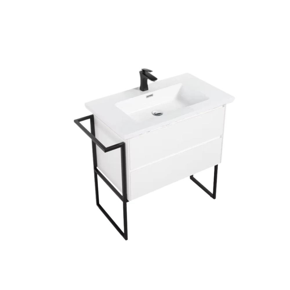 Clear Cube Urban 800 With Double Drawer 480mm Gloss White Includes Enzo 800 Basin White Composite & Enzo Matt Black frame with Towel Rack