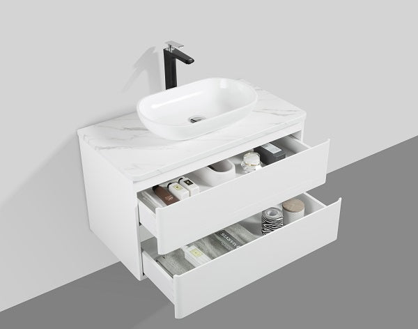 Clear Cube Santorini 900 with Single Drawer White with Calcatta Marble Wooden Top - Includes Lavello Basin White