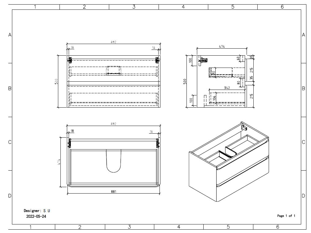 Clear Cube Santorini 900 with Double Drawer White with Calcatta Marble Wooden Top - Includes Lavello Basin Black