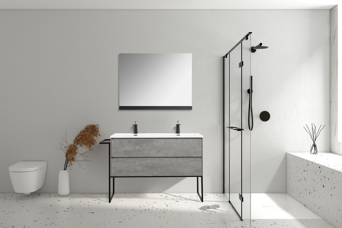 Clear Cube Urban 1200 With Double Drawer Concrete Includes Enzo 1200 Basin White Composite & Enzo Matt Black frame with Towel Rack