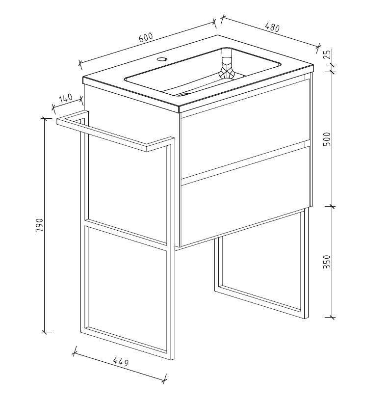 Clear Cube Urban 600 With Double Drawer Concrete Includes Enzo 600 Basin White Composite & Enzo Matt Black frame with Towel Rack