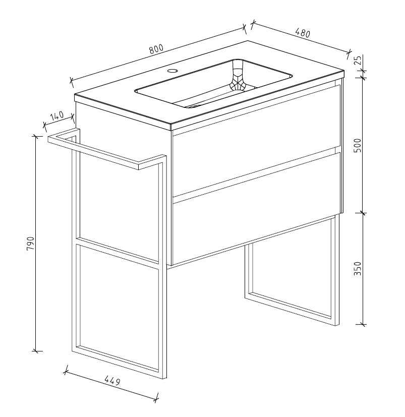 Clear Cube Urban 800 With Double Drawer White Includes Enzo 800 Basin Black Composite & Enzo Matt Black frame with Towel Rack
