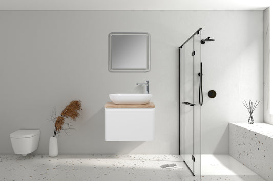 Clear Cube Lazio 600 with Single Drawer Gloss White with White Oak Top - Includes Florence Basin White