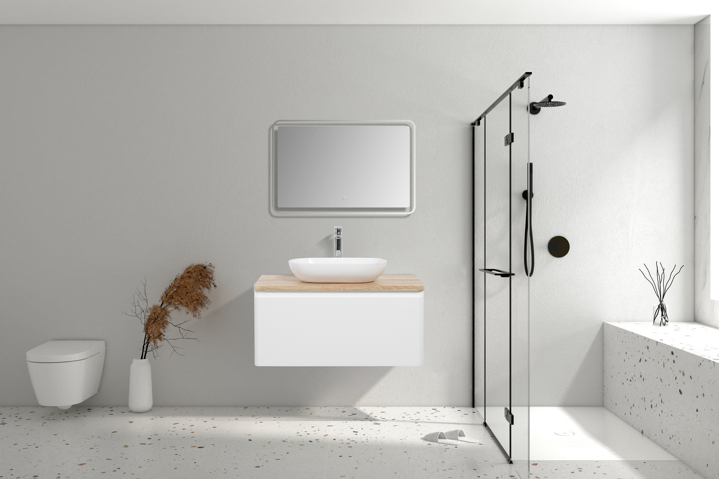 Clear Cube Lazio 900 with Single DrawerGloss White with White Oak Top - Includes Florence Basin White