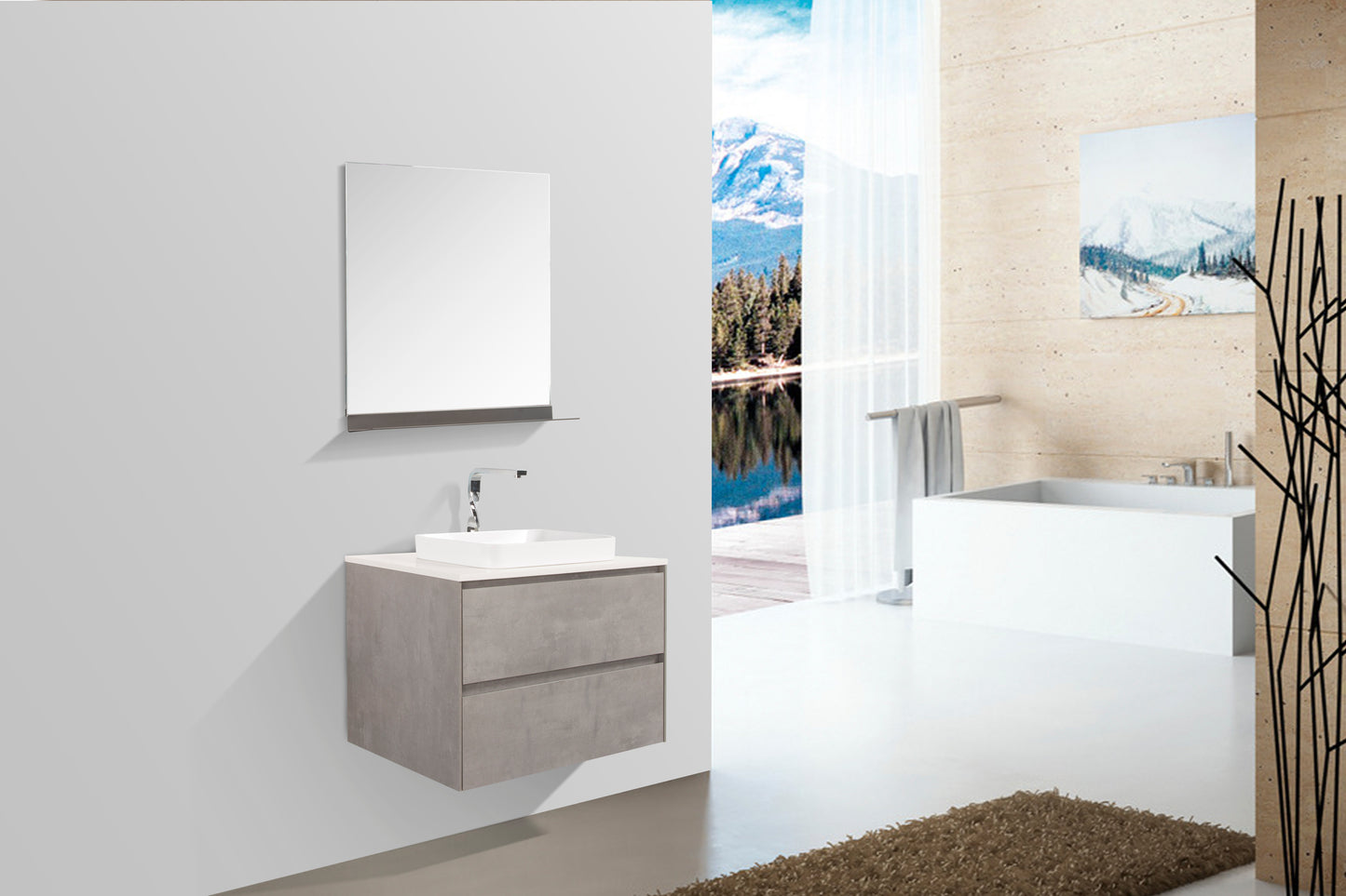 Clear Cube Madrid 800 with Double DrawerConcrete Grey with Quartz Stone Top - Includes Madrid Basin White Composite
