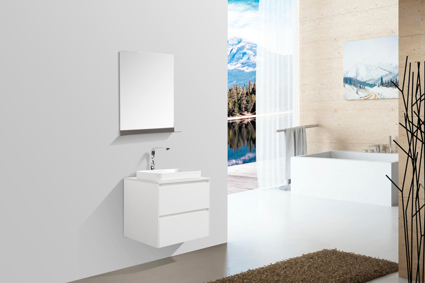 Clear Cube Madrid 600 with Double Drawer White with Quartz Stone Top - Includes Madrid Basin White Composite