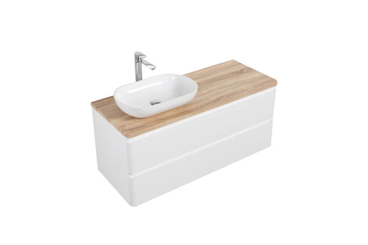 Clear Cube Lazio 1200 with Double Drawer ) Gloss White with White Oak Top - Includes Florence Basin White