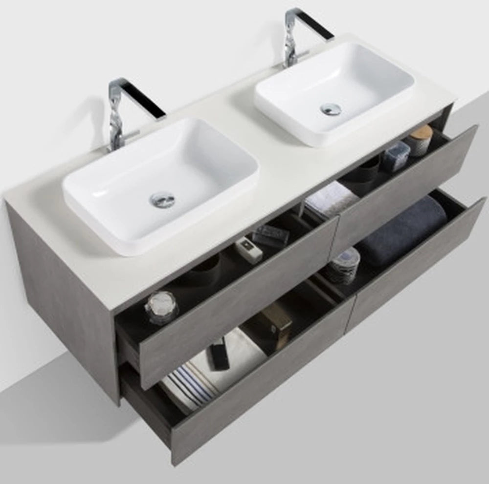 Clear Cube Madrid 1500 with Four Drawers Concrete Grey with Quartz Stone Top - Includes Two Madrid Basins White Composite