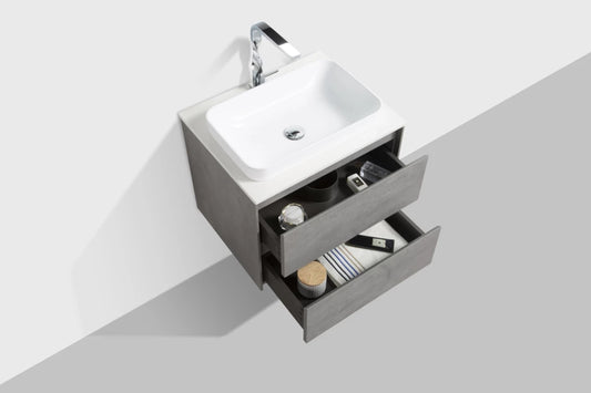 Clear Cube Madrid 600 with Double Drawer Concrete Grey with Quartz Stone Top - Includes Madrid Basin White Composite