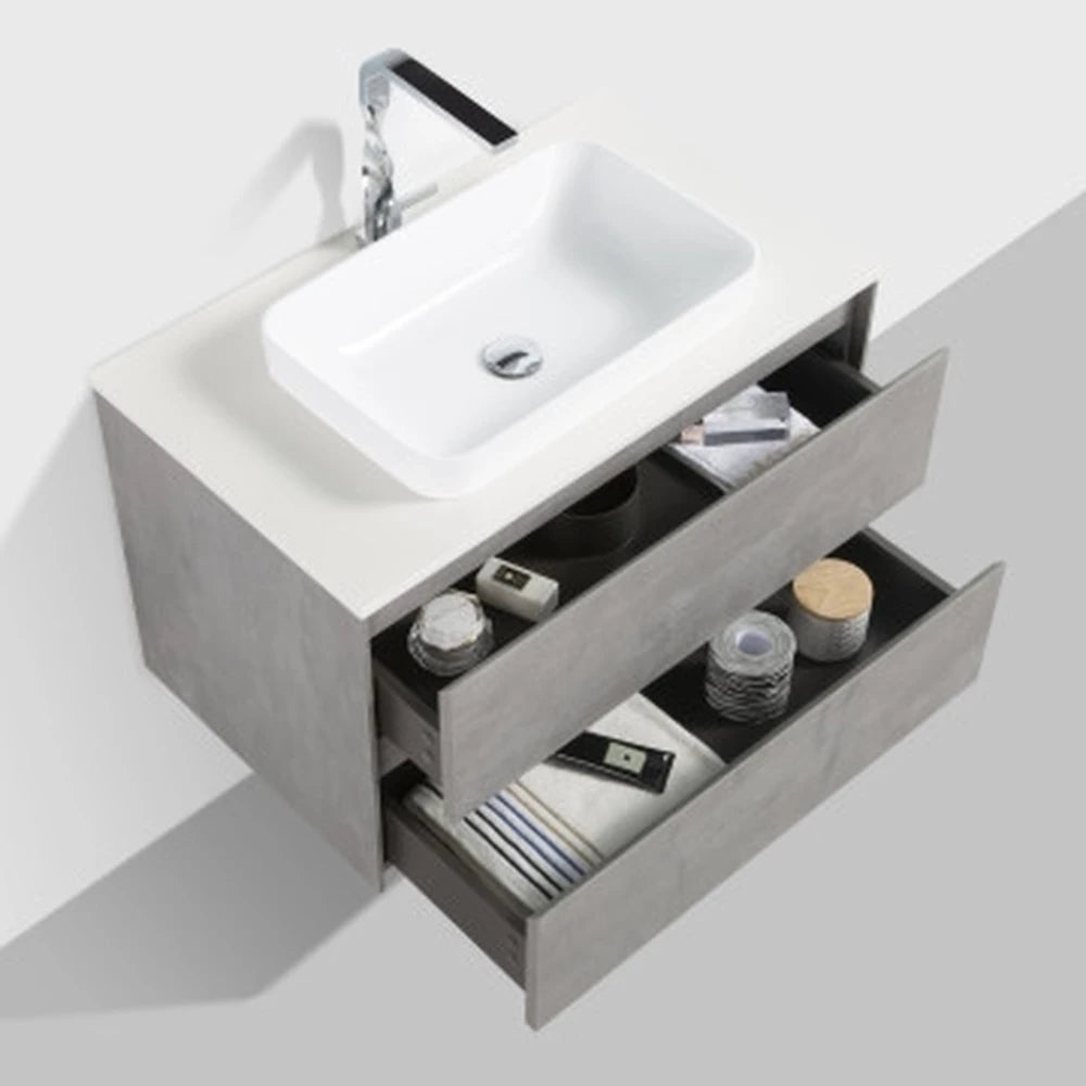 Clear Cube Madrid 800 with Double DrawerConcrete Grey with Quartz Stone Top - Includes Madrid Basin White Composite