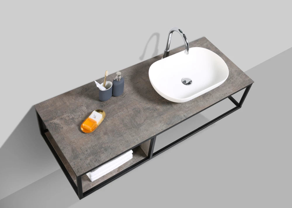 Clear Cube Picasso Shelf with Black Iron Frame 525mm  Stone Ash - Includes Florence Basin White