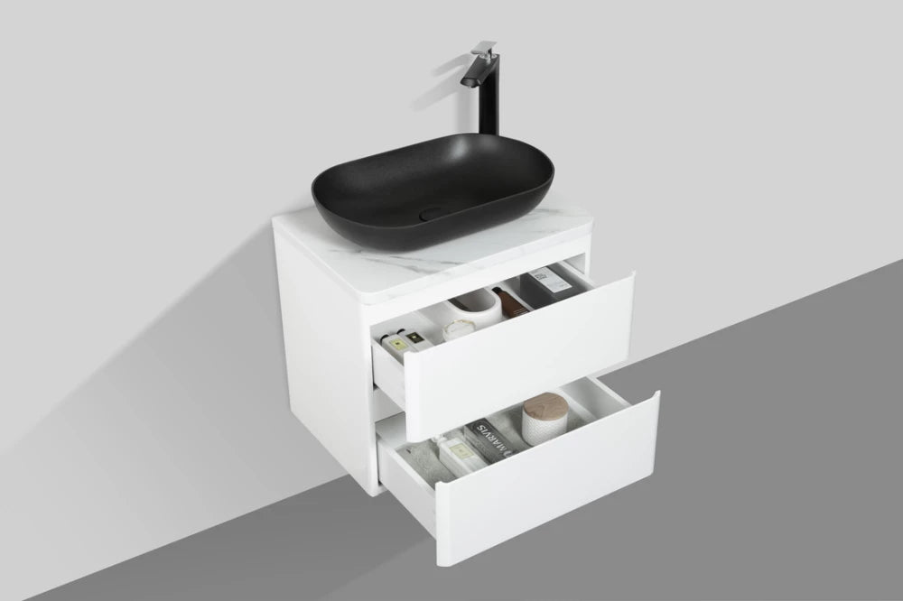 Clear Cube Santorini 600 with Double Drawer White with Calcatta Marble Wooden Top - Includes Lavello Basin Black