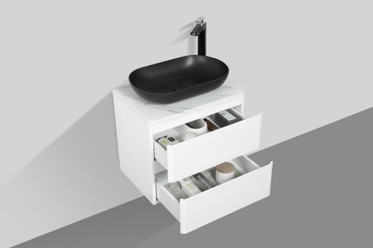 Clear Cube Santorini 600 with Double Drawer White with Calcatta Marble Wooden Top - Includes Lavello Basin Black
