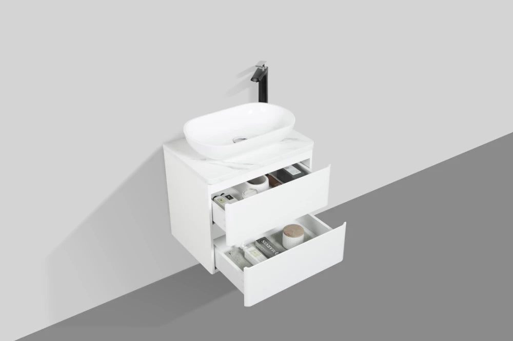 Clear Cube Santorini 600 with Double Drawer  White with Calcatta Marble Wooden Top - Includes Lavello Basin White