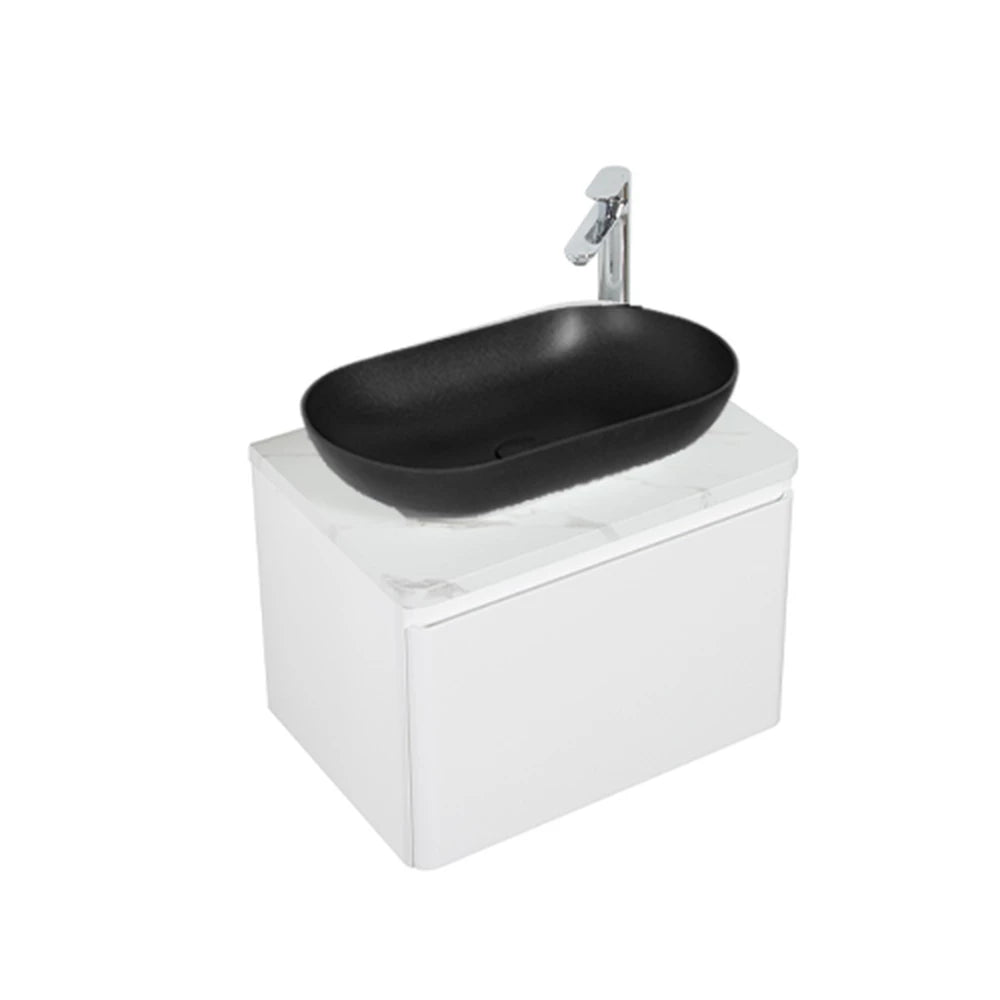 Cube Santorini 600 with Single Drawer  White with Calcatta Marble Wooden Top - Includes Lavello Basin Blac