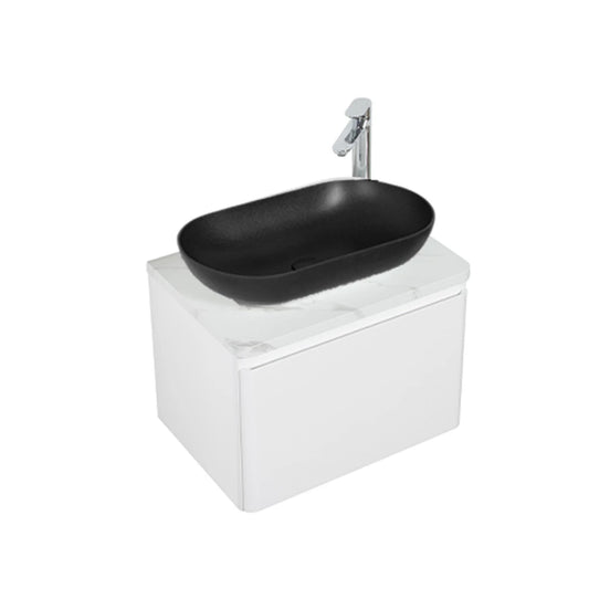 Cube Santorini 600 with Single Drawer  White with Calcatta Marble Wooden Top - Includes Lavello Basin Blac