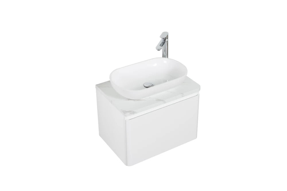Clear Cube Santorini 600 with Single Drawer White with Calcatta Marble Wooden Top - Includes Lavello Basin White