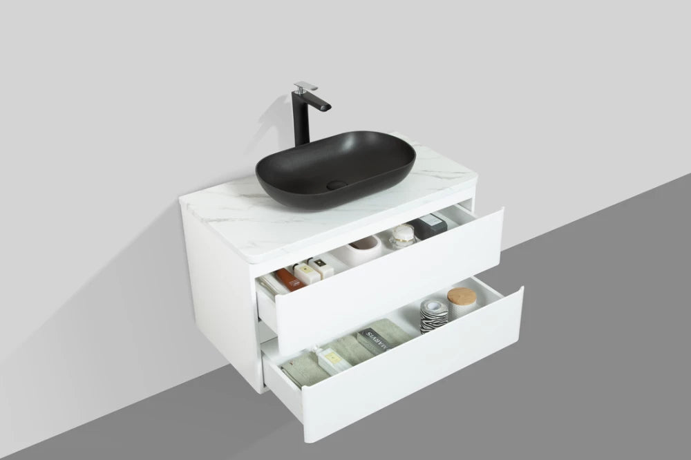 Clear Cube Santorini 900 with Double Drawer  White with Calcatta Marble Wooden Top - Includes Lavello Basin Black
