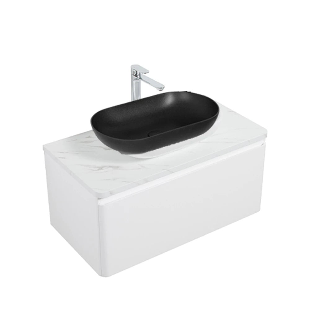 Clear Cube Santorini 900 with Single Drawer  White with Calcatta Marble Wooden Top - Includes Lavello Basin Black
