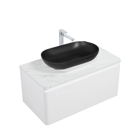 Clear Cube Santorini 900 with Single Drawer  White with Calcatta Marble Wooden Top - Includes Lavello Basin Black