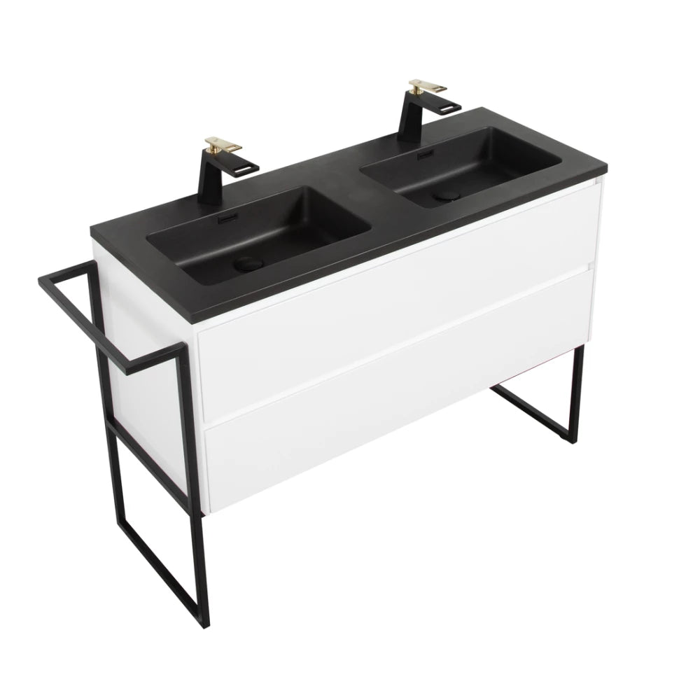 Clear Cube Urban 1200 With Double Drawer White Includes Enzo 1200 Basin Black Composite & Enzo Matt Black frame with Towel Rack