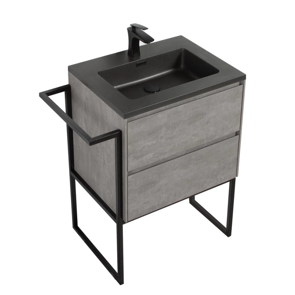 Clear Cube Urban 600 With Double Drawer  Concrete Includes Enzo 600 Basin Black Composite & Enzo Matt Black frame with Towel Rack