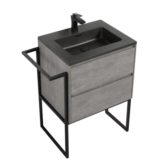 Clear Cube Urban 600 With Double Drawer  Concrete Includes Enzo 600 Basin Black Composite & Enzo Matt Black frame with Towel Rack
