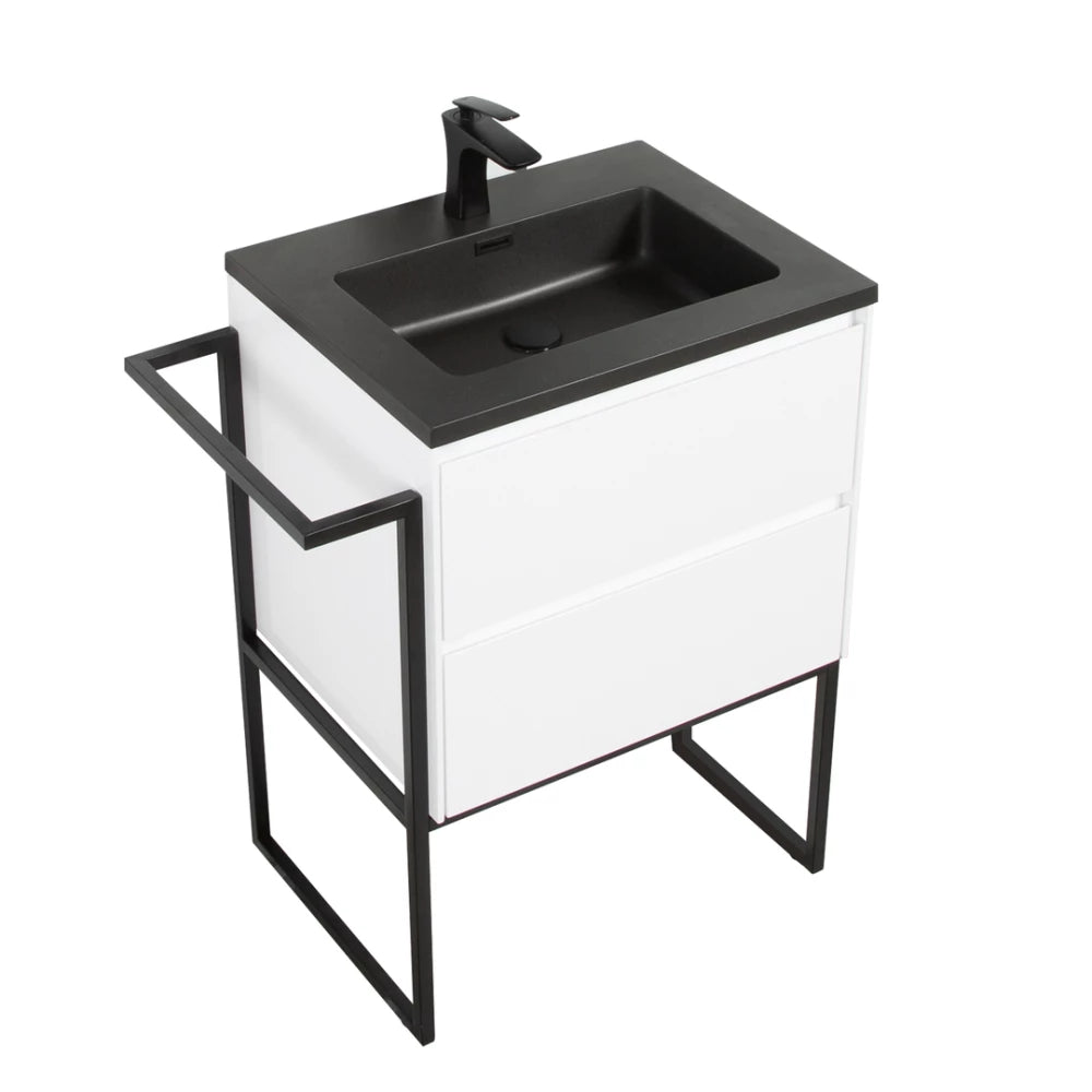 Clear Cube Urban 600 With Double Drawer  White Gloss Includes Enzo 600 Basin Black Composite & Enzo Matt Black frame with Towel Rack