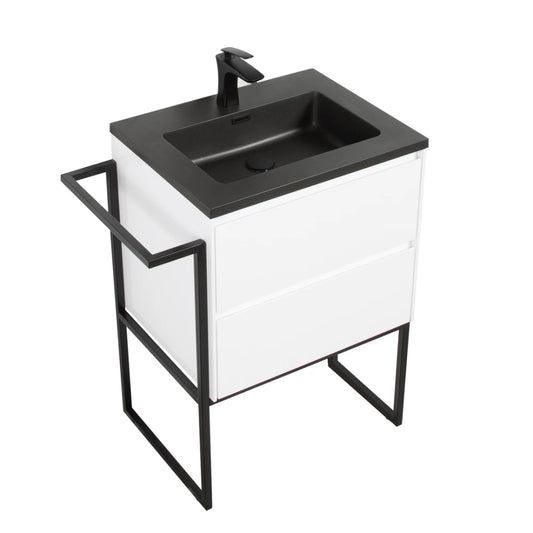 Clear Cube Urban 600 With Double Drawer  White Gloss Includes Enzo 600 Basin Black Composite & Enzo Matt Black frame with Towel Rack