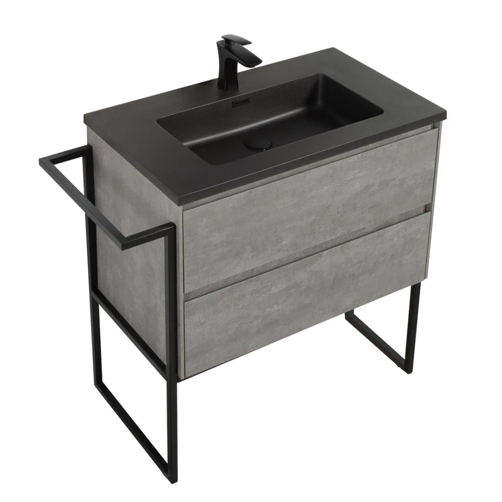 Clear Cube Urban 800 With Double Drawer Concrete Includes Enzo 800 Basin Black Composite & Enzo Matt Black frame with Towel Rack