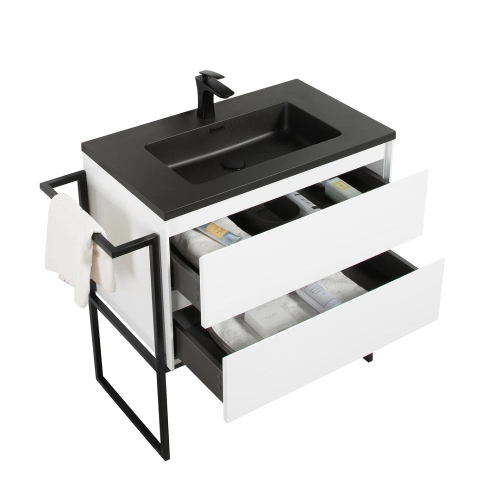 Clear Cube Urban 800 With Double Drawer White Includes Enzo 800 Basin Black Composite & Enzo Matt Black frame with Towel Rack