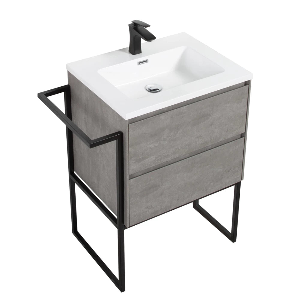 Clear Cube Urban 600 With Double Drawer Concrete Includes Enzo 600 Basin White Composite & Enzo Matt Black frame with Towel Rack