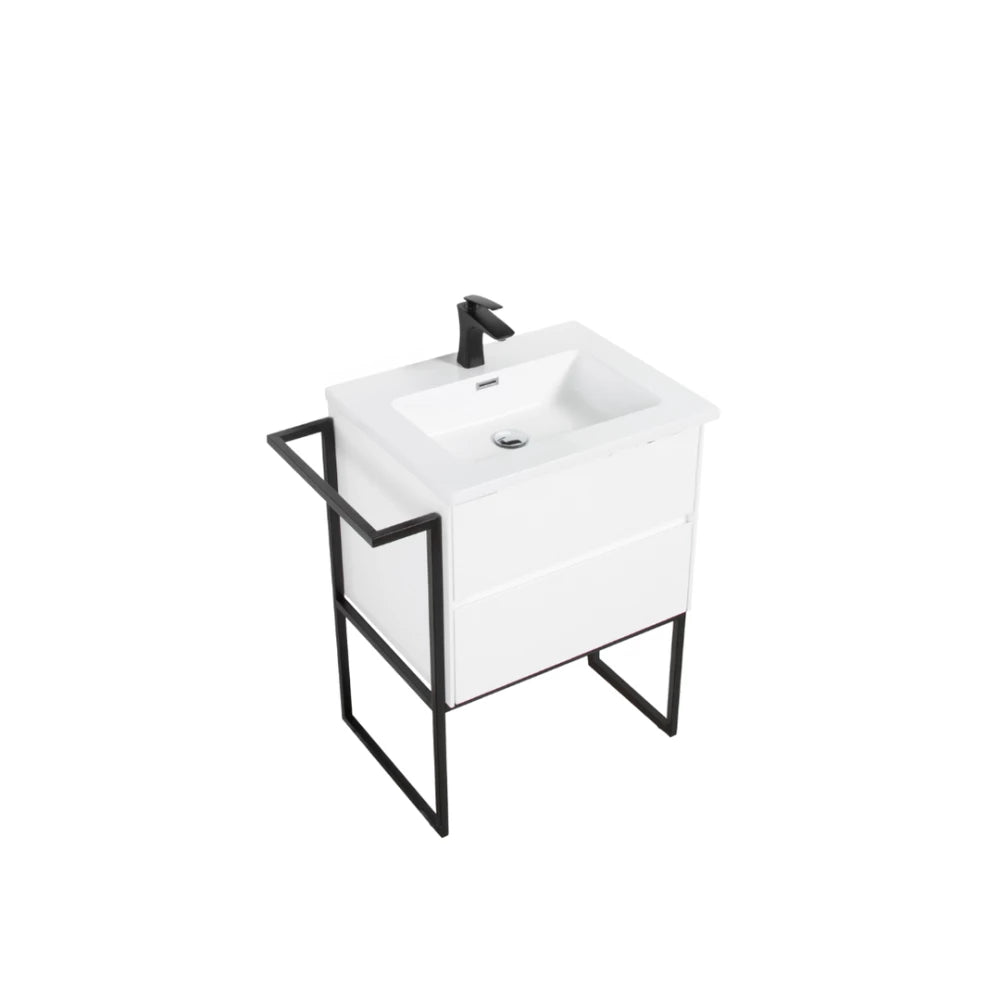 Clear Cube Urban 600 With Double Drawer  White Gloss Includes Enzo 600 Basin White Composite & Enzo Matt Black frame with Towel Rack