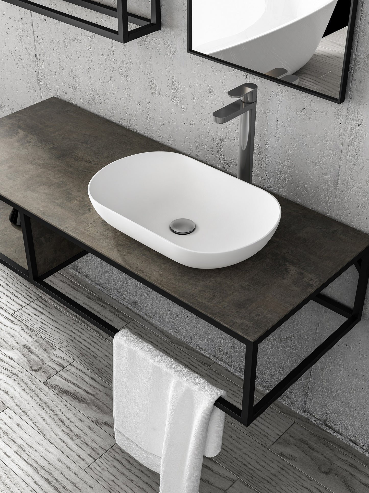 Clear Cube Picasso Shelf with Black Iron Frame 525mm  Stone Ash - Includes Florence Basin White