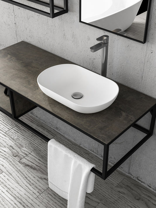 Clear Cube Picasso Shelf with Black Iron Frame 525mm  Stone Ash - Includes Florence Basin White