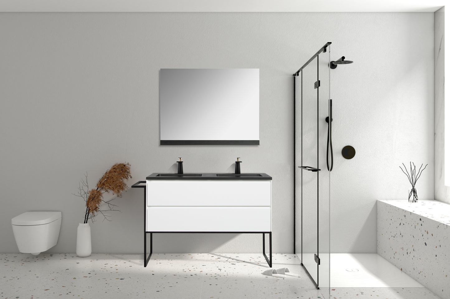 Clear Cube Urban 1200 With Double Drawer White Includes Enzo 1200 Basin Black Composite & Enzo Matt Black frame with Towel Rack