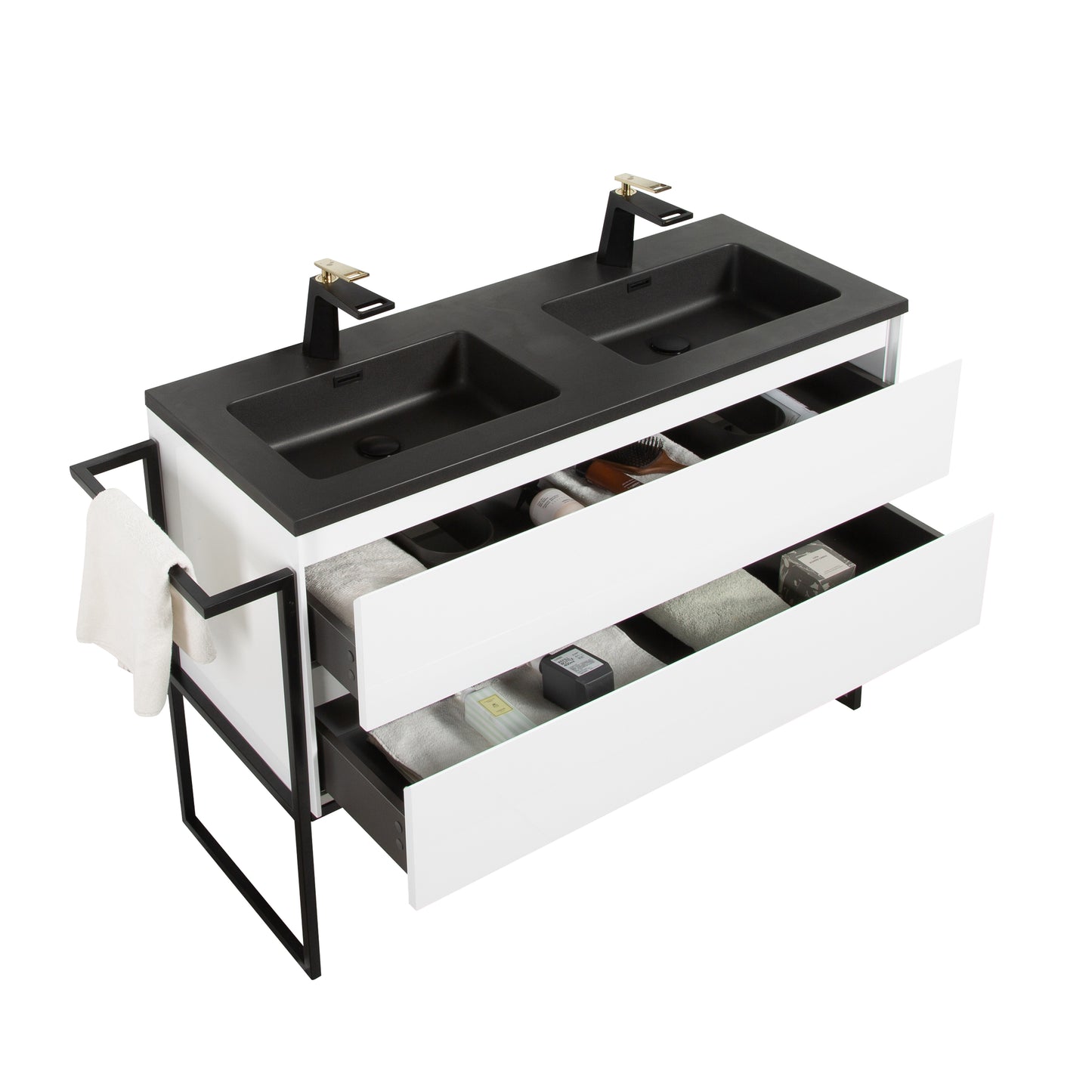 Clear Cube Urban 1200 With Double Drawer White Includes Enzo 1200 Basin Black Composite & Enzo Matt Black frame with Towel Rack