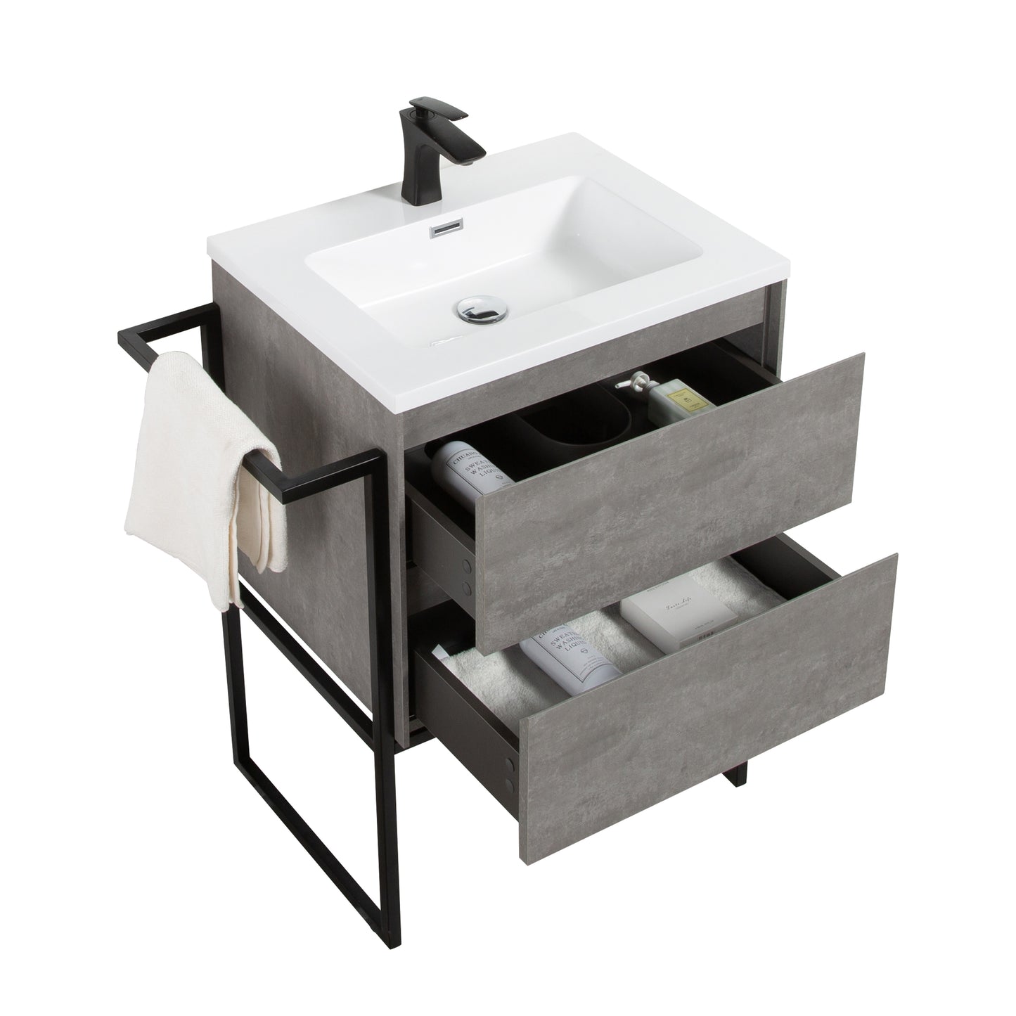 Clear Cube Urban 600 With Double Drawer Concrete Includes Enzo 600 Basin White Composite & Enzo Matt Black frame with Towel Rack