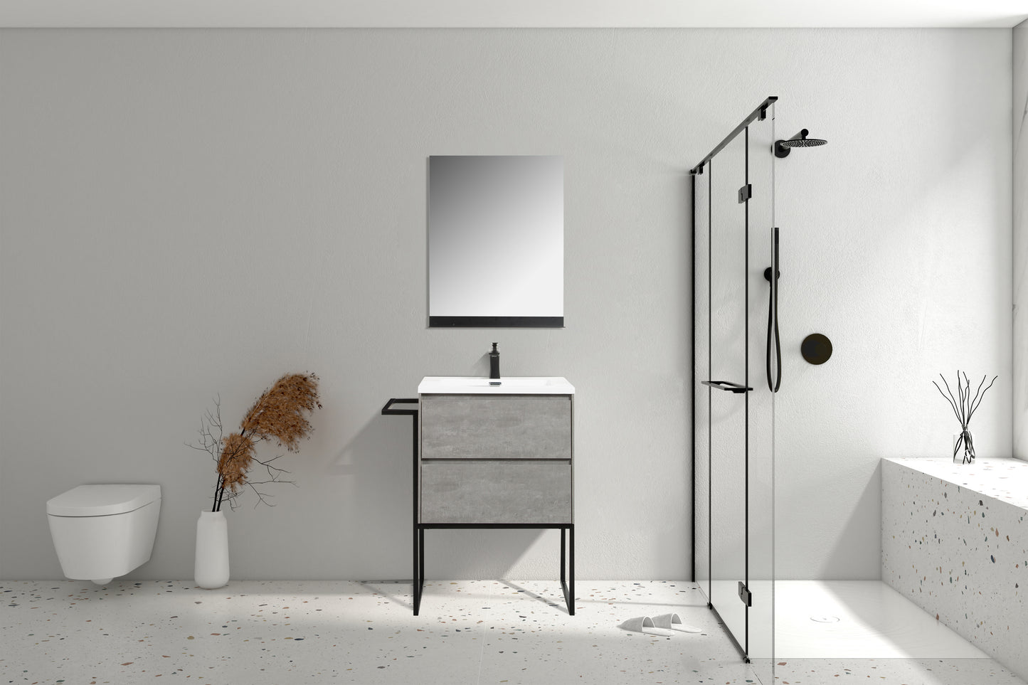 Clear Cube Urban 600 With Double Drawer Concrete Includes Enzo 600 Basin White Composite & Enzo Matt Black frame with Towel Rack