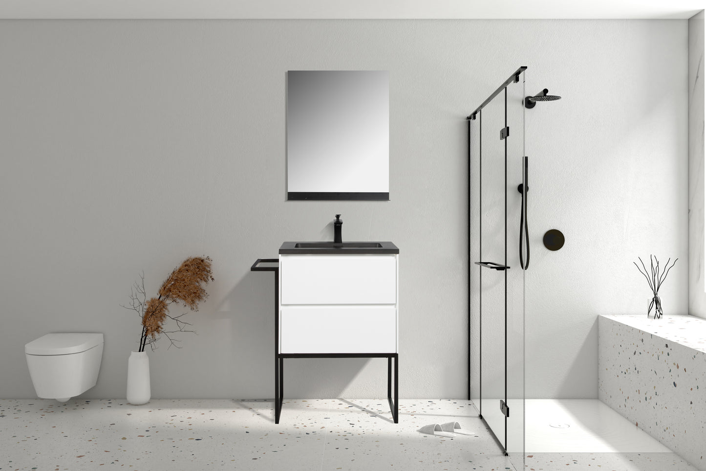 Clear Cube Urban 600 With Double Drawer  White Gloss Includes Enzo 600 Basin Black Composite & Enzo Matt Black frame with Towel Rack