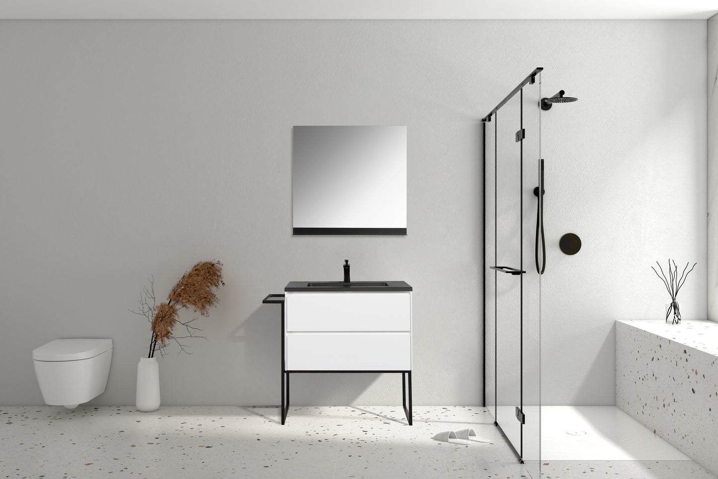 Clear Cube Urban 800 With Double Drawer White Includes Enzo 800 Basin Black Composite & Enzo Matt Black frame with Towel Rack